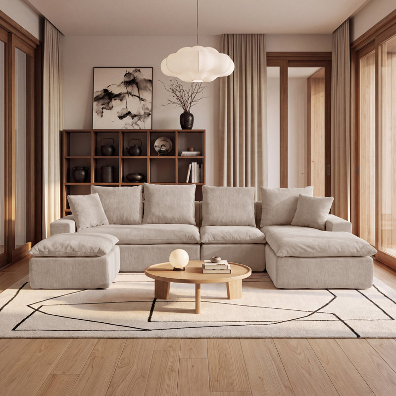 Canapé d'angle modulaire en forme de L de 235 cm (92,5 po), en chenille avec ressorts ensachés, 2 pièces, canapé moderne à assise profonde, canapés rembourrés pour salon, kaki clair