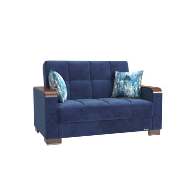 Upholstered Convertible Wood Trimmed Loveseat With Storage, Microfiber