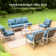 Ensemble de mobilier d'extérieur en osier rétro avec coussins bleus et table basse