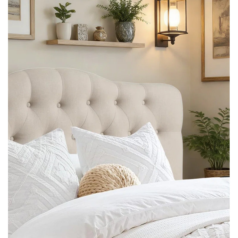 Tête de lit tapissier en lin à hauteur réglable, Beige, Grand lit