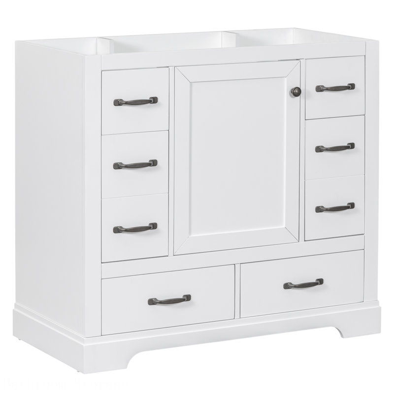 Armoire de salle de bain de style moderne avec tablette réglable et six tiroirs, Blanc