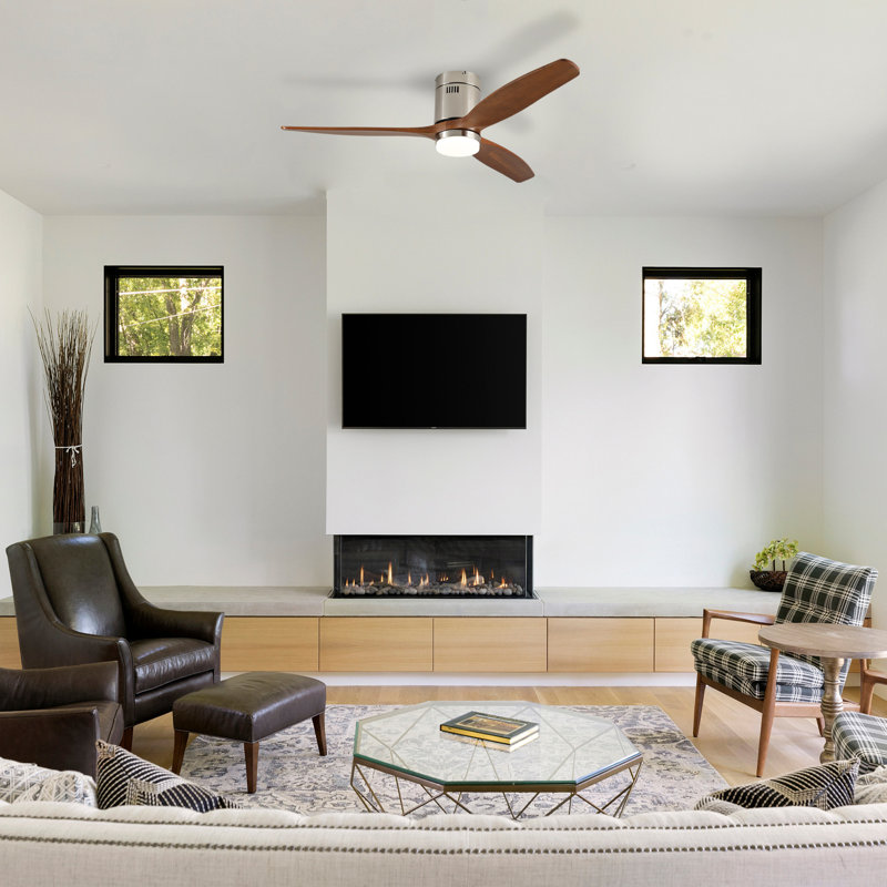 Ventilateur de plafond lumineux Bhoyar Farmhouse avec pales en bois massif et moteur à courant continu réversible, Nickel