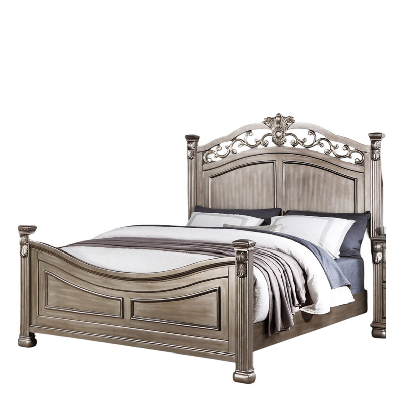 Très grand lit, argent antique, cadre de lit de style américain traditionnel, tête de lit argentée