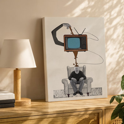 Toile, une illustration surréaliste représentant un téléviseur rétro avec un art mural exagérément long bras s'étendant vers le haut