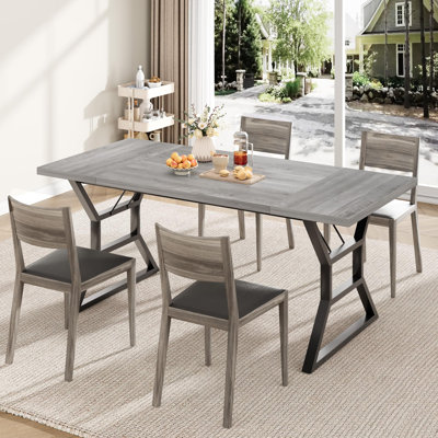 Table de salle à manger industrielle pour 6 à 8 personnes, plateau en bois gris avec pieds en métal noir