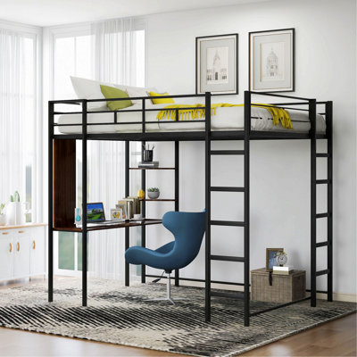 Modern Bed Frame For Bedroom, Guest Room, Metal Loft Bed With 2 Shelves And One Desk, Bedroom Bed Frame For Home