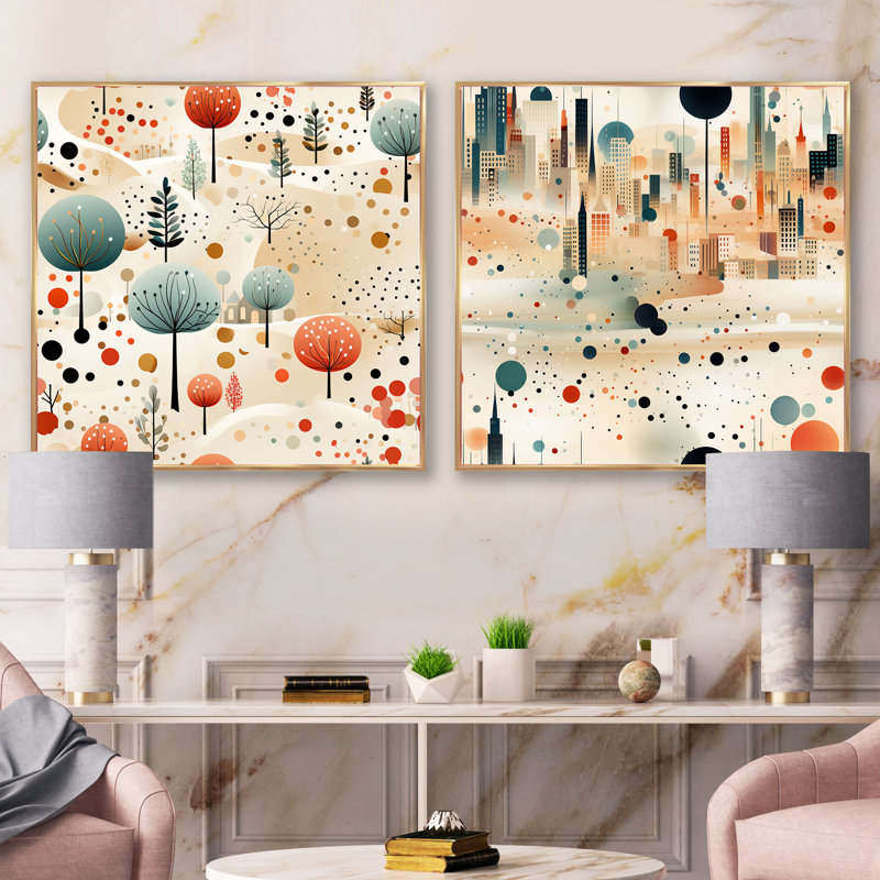 Jason - Ensemble de 2 collage de paysages abstraits carrés, Cadre flottant doré, H 16 po x l 33 po