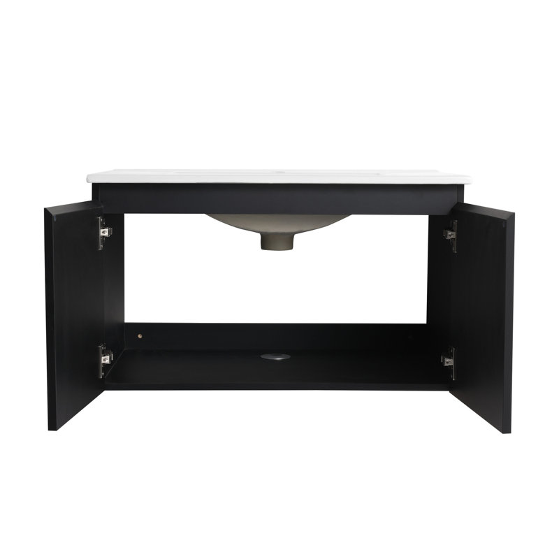 Meuble-lavabo de 30 po avec porte à fermeture douce et lavabo en céramique. Design moderne. 2 portes. Noir Contreplaqué 2 portes.