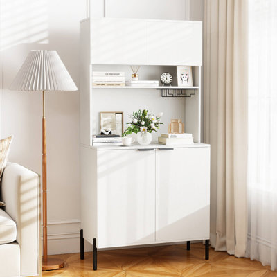 64.5” Kitchen Pantry Cabinet with Charging Station Wine Glass Rack Adjustable Shelf White