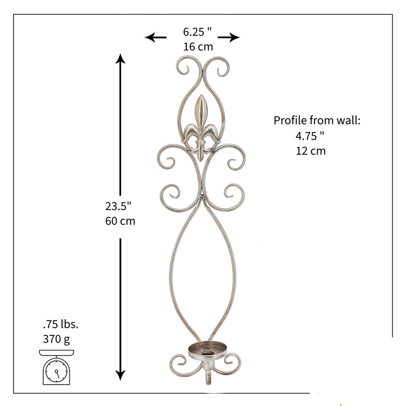 Applique bougie Fleur De Lis, 23 po, Antique Silver