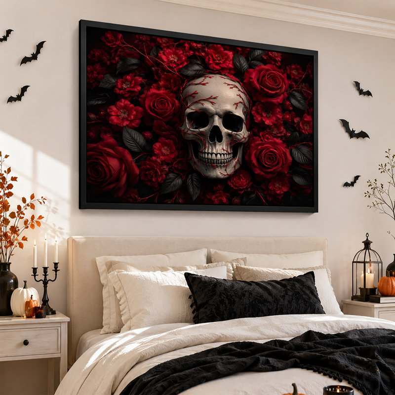 Toile grise grise entourée de roses rouges et d'art d'Halloween sur toile noire, H 24 po x l 36 po