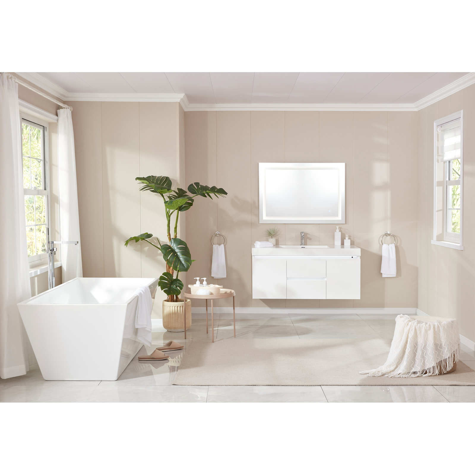 Chloe 67" Freestanding Soaking Acrylic Bathtub, White/Polished Chrome