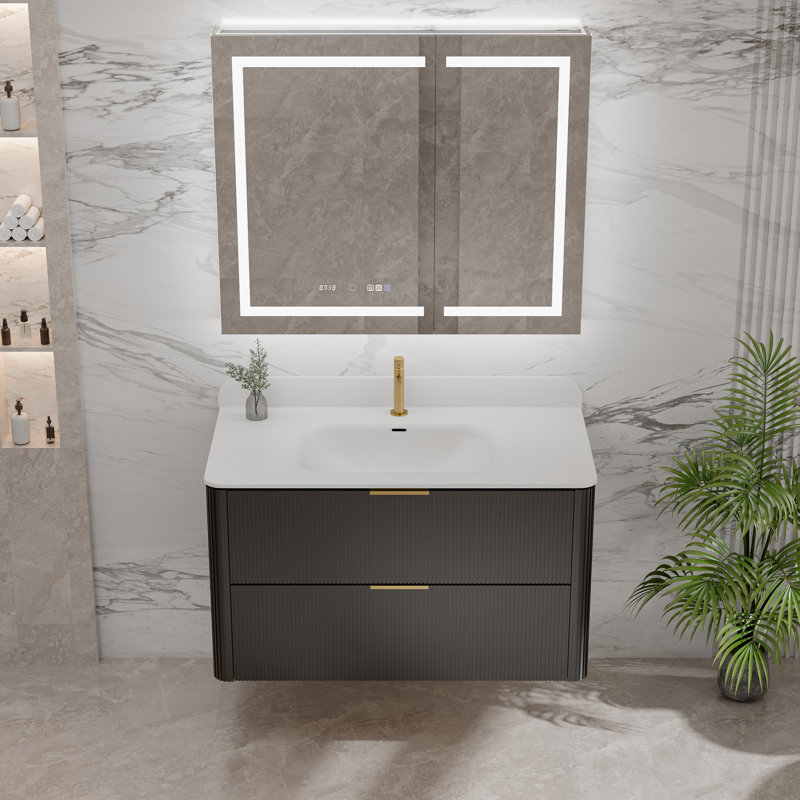 Meuble-lavabo flottant cannelé noir 36 po, lavabo en acrylique intégré, poignées dorées, tiroirs à fermeture en douceur, 36"