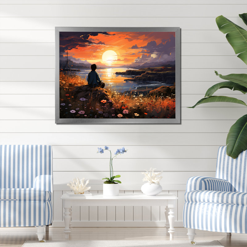 «Sunrise Kid Solutide», art mural «Coastal Sunset», Cadre de coin argenté fermé, H 34 po x l 44 po x P 1,5 po