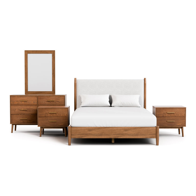 Nevio 5-Piece Upholstered Platform Bedroom Set, Queen, 5 Pcs: Bed, 2 Nightstands, Dresser, Mirror