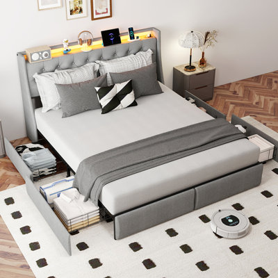 Full Size Bed Frame with Storage Headboard and 4 Drawers, Metal Full Bed Frame Platform with LED Light, Charging Station, No Box Spring Needed, Noise Free, Easy Assembly, Grey