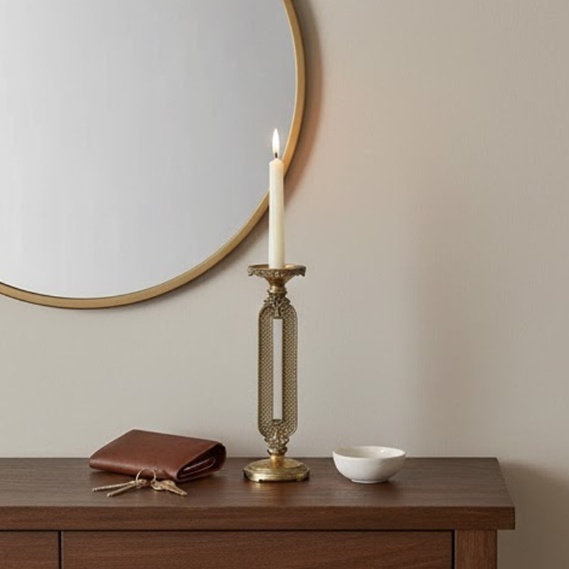 Candle Holder, Antique Gold Tabletop Accent, 14 Inch Keyhole Stem, 14.2" H x 4.3" W x 4.3" D