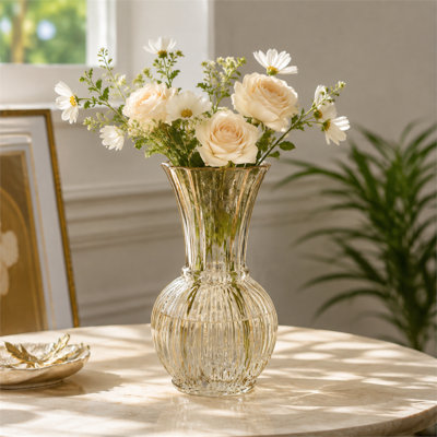 Amber Ribbed Textured Glass Vase, 5.1"Diameter × 9.4" Height, Flared Neck Decorative Flower Vase for Home