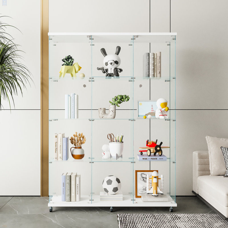 Glass Display Cabinet With 4 Shelves Extra Large, Curio Cabinets For Living Room, Bedroom, Office, Black Floor Standing Glass Bookshelf, Quick Installation