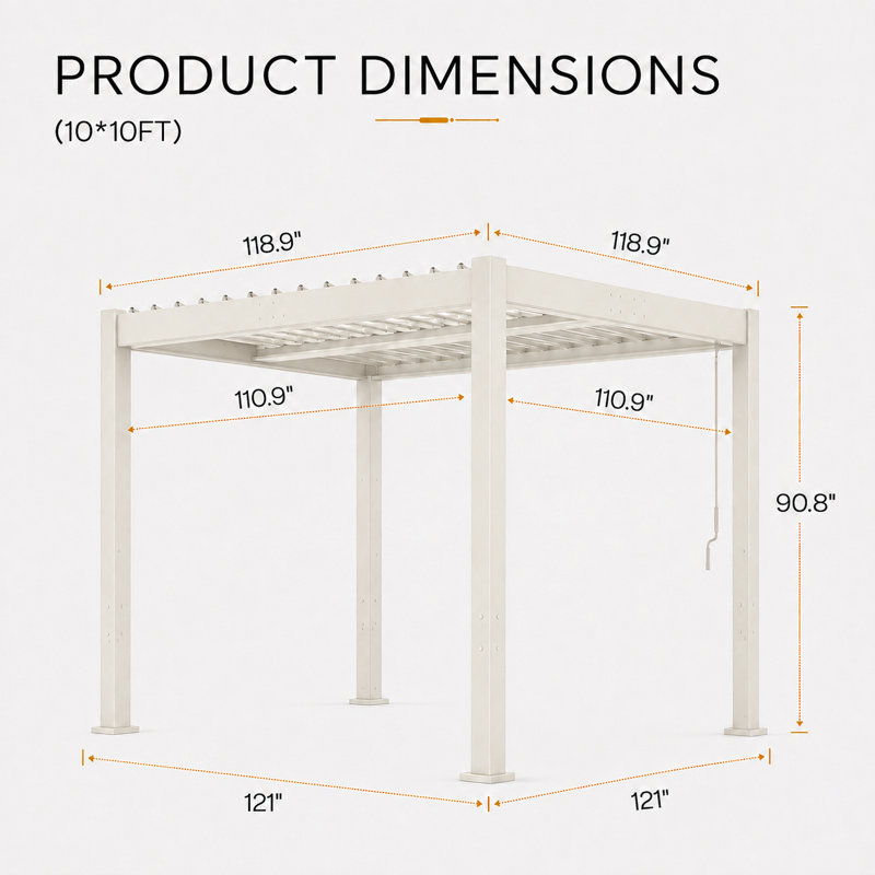 Pergola d'extérieur 10 pi x 10 pi avec toit à persiennes réglable et cadre en aluminium renforcé, 10 pi x 10 pi, Blanc