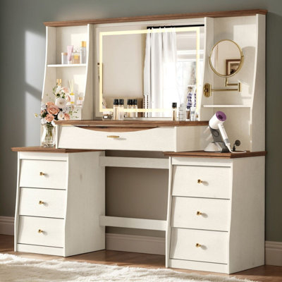 Bureau de maquillage avec miroir, lumières et prise de courant, grande coiffeuse de 54 po avec plateau en verre, tiroir RVB et miroir grossissant, bureau de maquillage avec 3 tablettes et 7 tiroirs, blanc