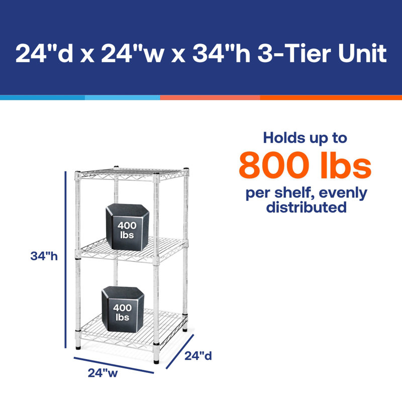Shelving Inc. P 24 po x l 24 po x H 34 po Étagère en fil de chrome avec 3 tablettes à trois niveaux, capacité de poids de 800 lb par tablette