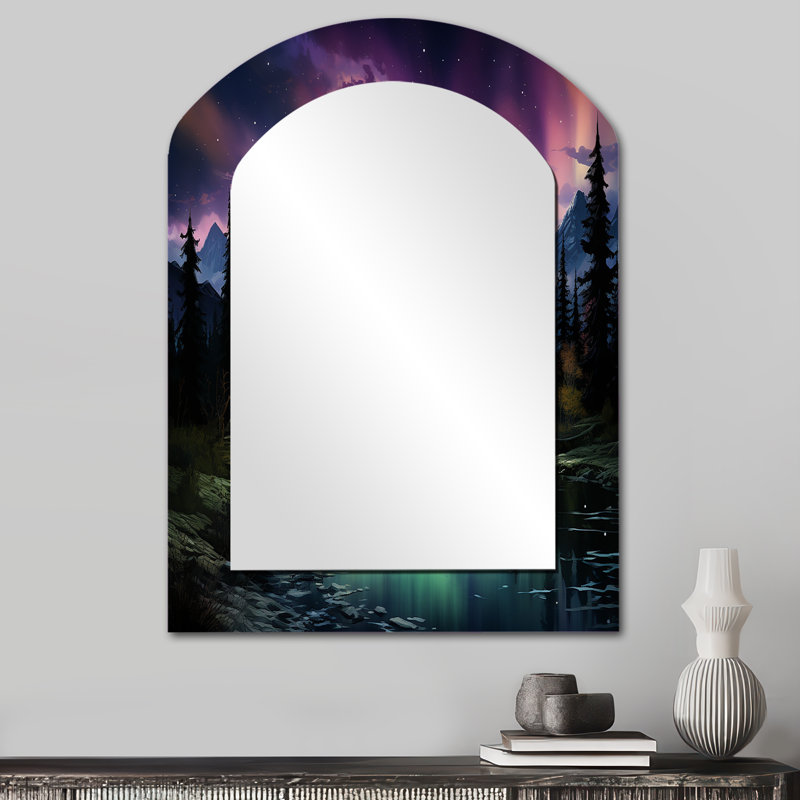 Northern Lights Celestial Symphony I - Aurora Borealis, miroir mural décoratif asymétrique, grand miroir en arche rose, impression sur métal
