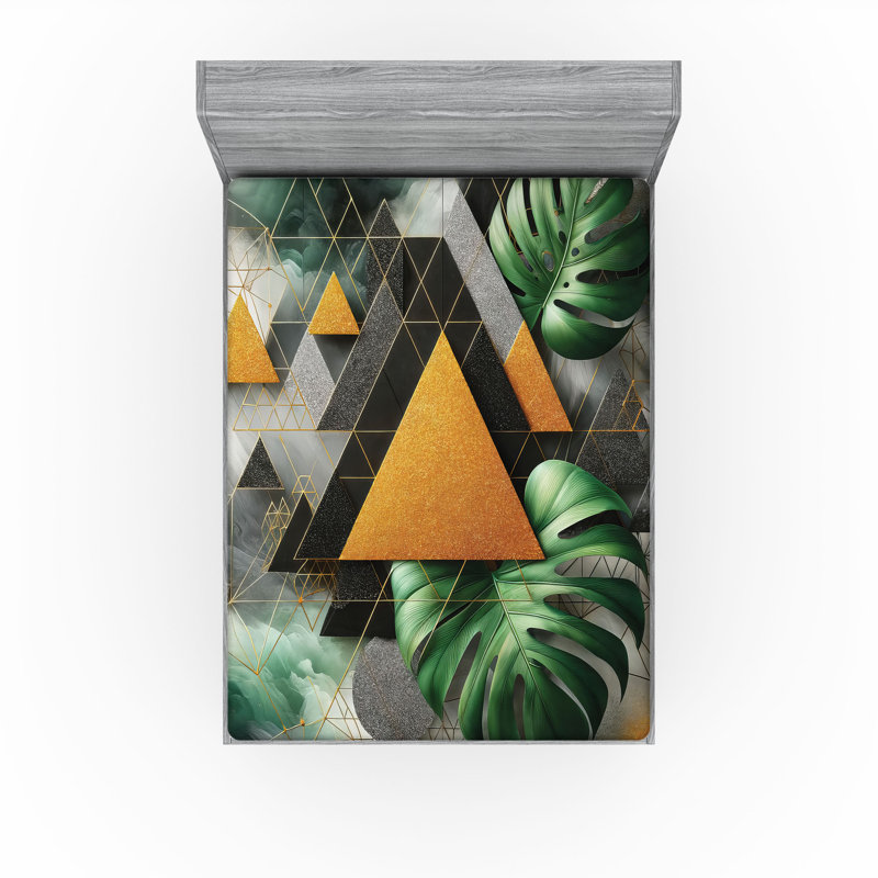 Drap-housse Ambesonne Monstera_ Triangles en marbre abstrait_ Fougère vert gris chameau, Drap-housse très grand californien
