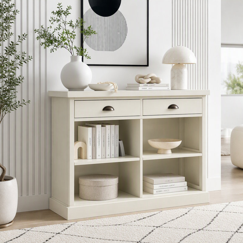 Console avec 2 tiroirs et tablettes de rangement ouvertes, table d'entrée, White