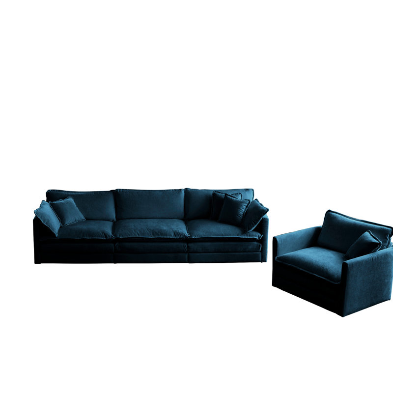 3 espaces de vie rembourrés - Canapé modulaire bleu en mousse et construction en bois massif de chenille