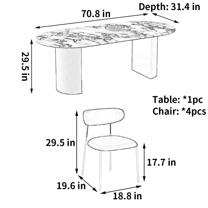 Petite table et chaise de salle à manger exquise, H 29,5 po x L 70,8 po x l 31,4 po