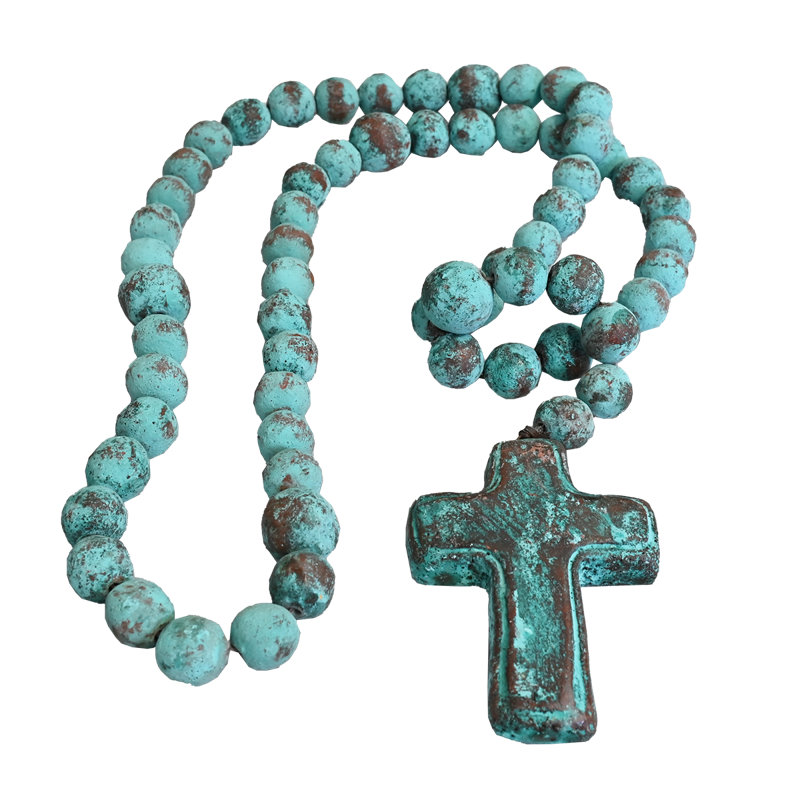 Natural, Hand Fired Clay Rosary With Cross, 40" H x 4.5" W x 1.5" D, Teal