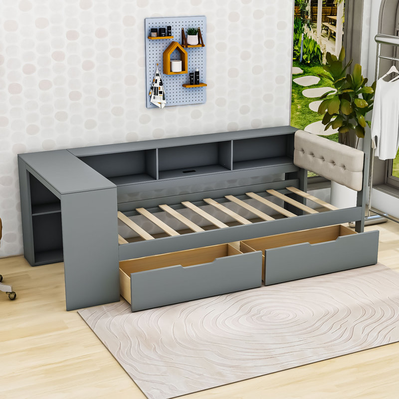 Daybed with Upholstered Headboard, Built-in Desk, Drawers, Shelves and Charging Station, Gray, Twin