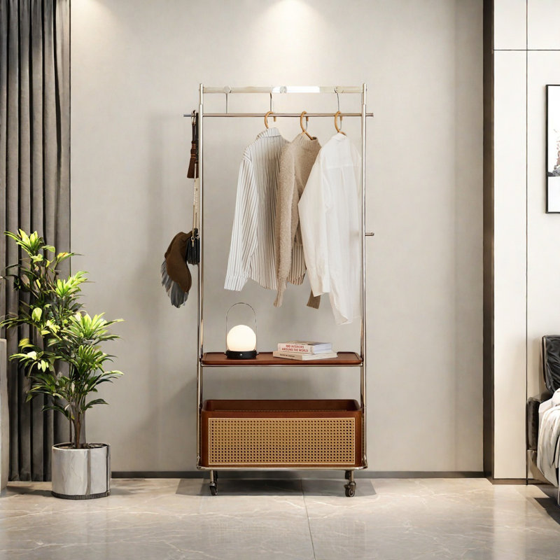 Stainless Steel Coat Rack Rattan Basket Mobile