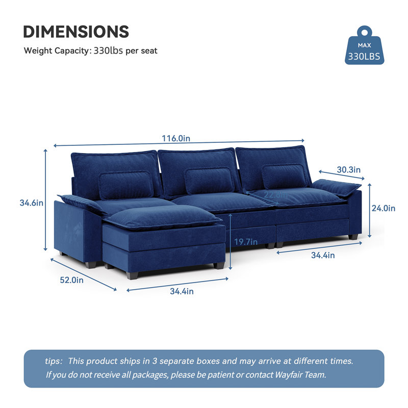 116'' Wide Modular Sectional Sofa With Removable Cushions, Ottoman, And Boucle Upholstery, Navy