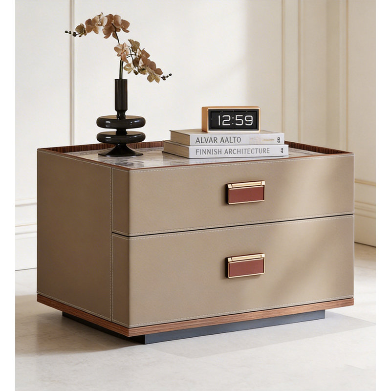 Table de chevet moderne de style tiroir, fabriquée en placage de bois de noyer et en cuir de selle, convient aux chambres à coucher