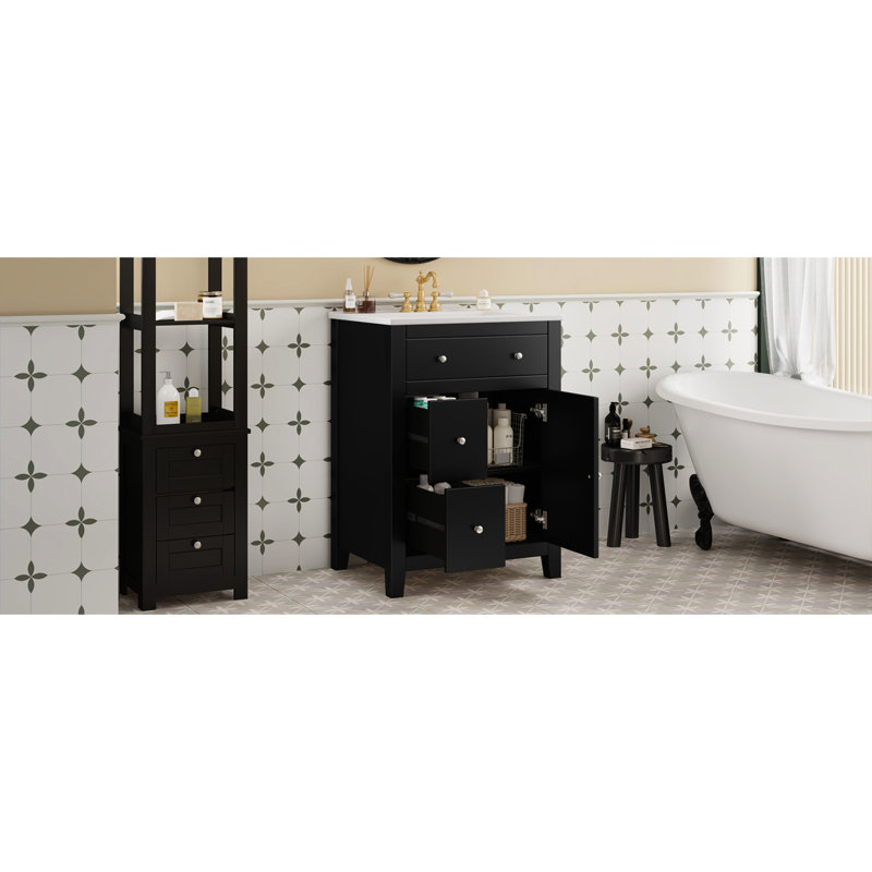 Meuble-lavabo de 24 pouces avec lavabo en céramique de style champêtre français, tiroirs coulissants et espace de rangement réglable pour les rasoirs
