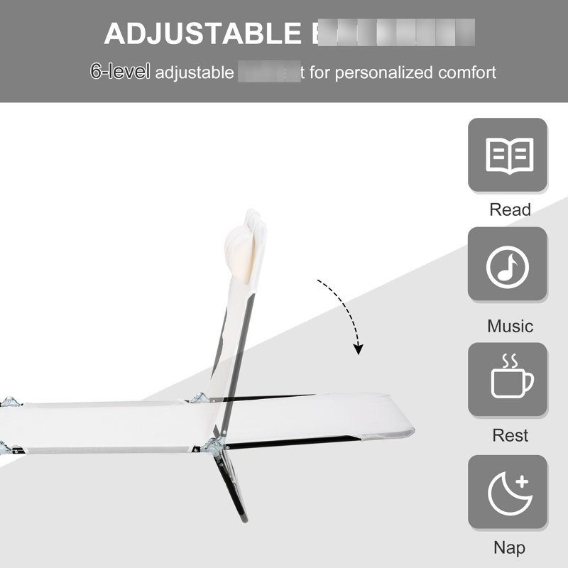 Cream White Sunbathing Lounge Bed. Foldable Outdoor Chair With Reclining Feature. Breathable Mesh Seat And . Adjustable For Optimal Sun Exposure. Lightweight Transportable. Steel Construction. Ideal