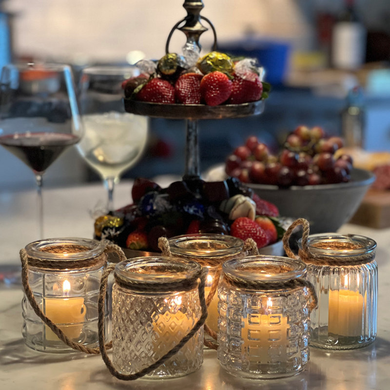 5 Piece Nautical Rope Rimmed Candle Lanterns, 3.5"
