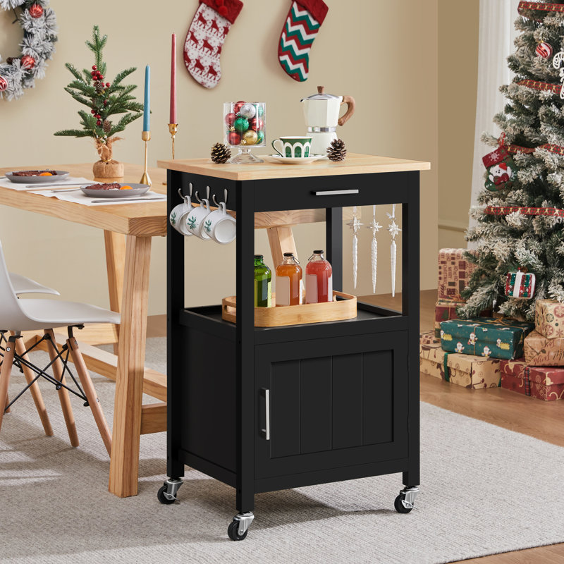 Rolling Kitchen Cart with Solid Wood Top & Legs, Black