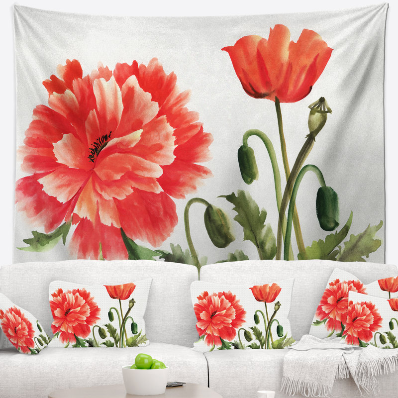Tapisserie de coquelicots rouges aquarelle abstraite, H 32 po x l 39 po