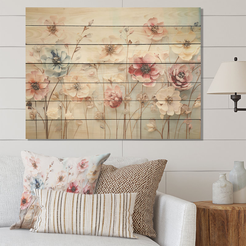 Motif floral blanc et rose - imprimé floral sur bois, H 30 po x l 40 po