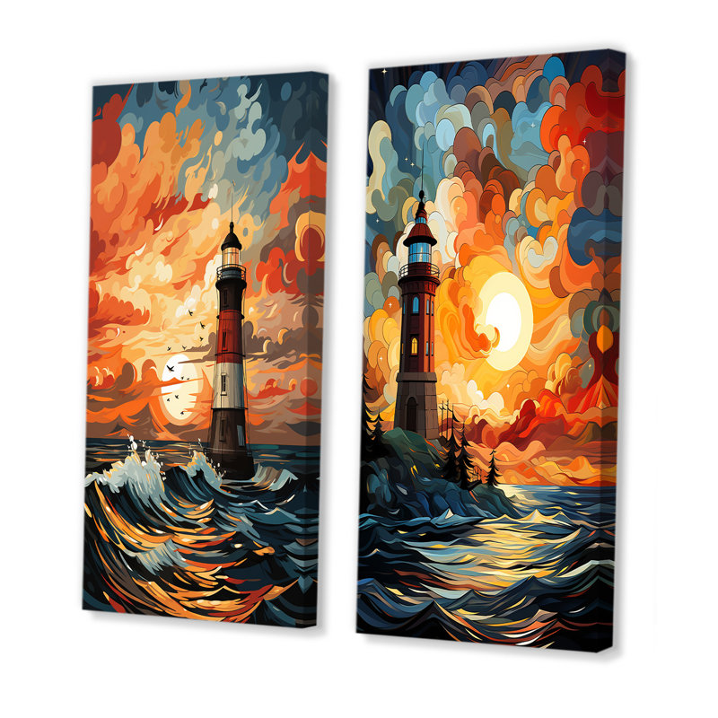 «Coastal Stormy Sunset Lighthouse Breeze I», ensemble de 2 reproductions d'art sur toile, Toile tendue, H 32 po x l 33 po