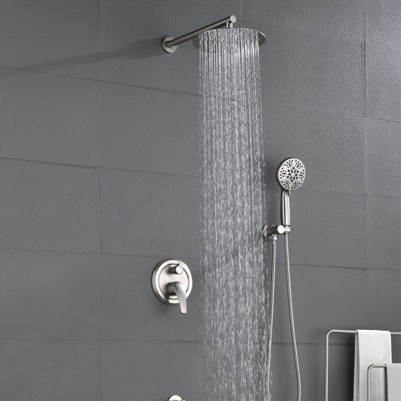 Système de douche mural 10 pouces avec ensemble de robinet de douche à une poignée et ensemble de garniture de douche à haute pression en laiton avec bec de baignoire