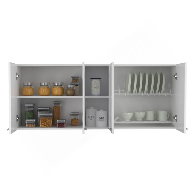 Armoire murale H 24 po, quatre portes, deux tablettes de rangement ouvertes, deux tablettes internes, porte-assiettes en verre et blanc, blanc