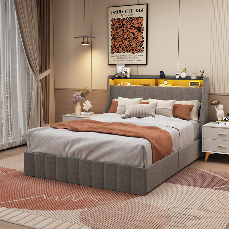 Bed Frame With LED, 4 Under-Bed Portable Storage Drawers, Wings Headboard Design, Light Gray, Full