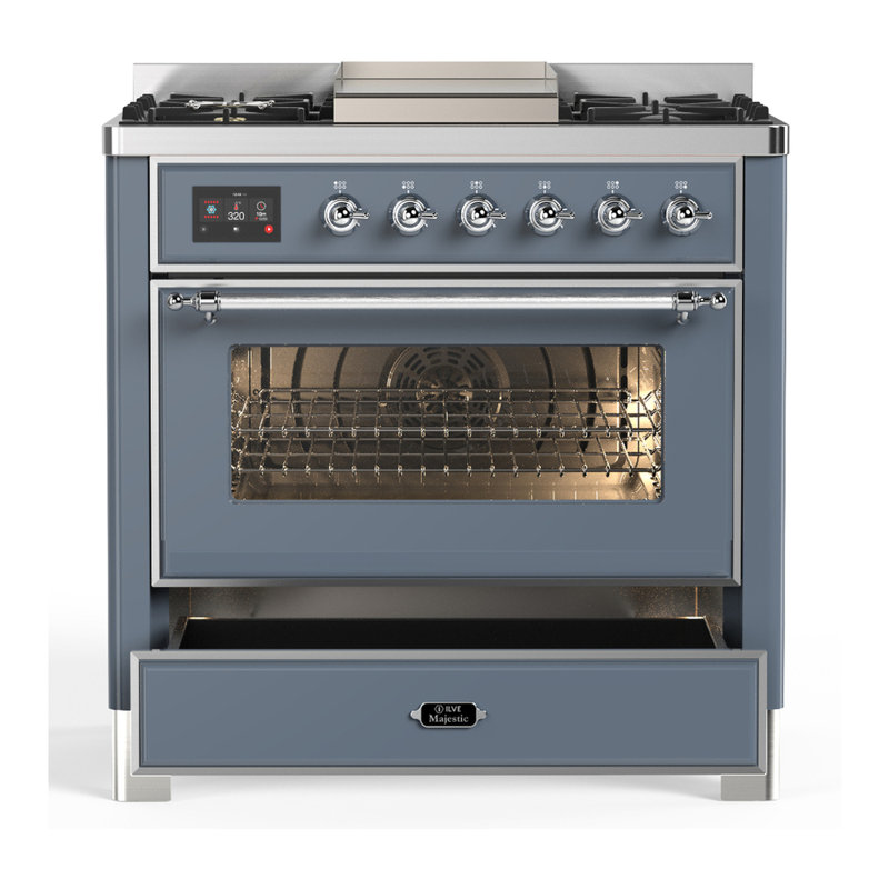 Majestic III Series 36 Inch Dual Fuel Range with 6 Sealed Burners, Griddle, in Glossy Black (Natural Gas, Brass Trim), Chrome