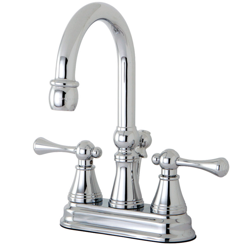 Kingston Brass Restoration Two-Handle 3-Hole Deck Mount 4" Centerset Bathroom Faucet with Brass Pop-Up, Polished Chrome