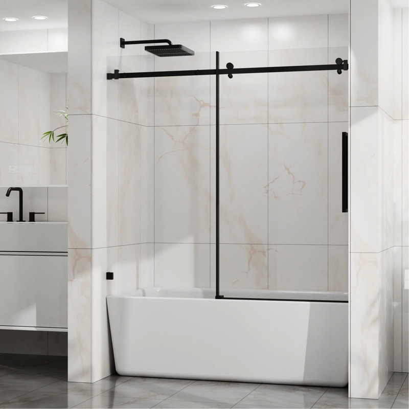 Porte coulissante en verre de l 60 po x H 58 po, verre trempé transparent de 1/4 po (6 mm) d'épaisseur, rouleaux corrosifs, fonctionnement silencieux, douche de baignoire moderne noir mat de 6 mm avec revêtement facile à nettoyer, largeur réglable