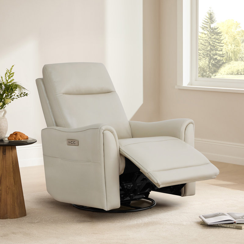Fauteuil inclinable électrique pivotant en cuir véritable avec poche et port USB, Cuir fleur gris clair